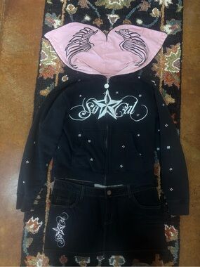 SoCal Heart Black Zip Hoodie with Pink Hood and Wing Graphic